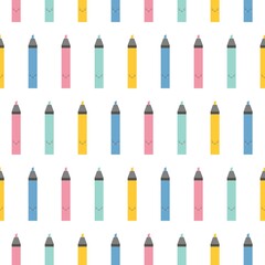 Multi-colored cute cartoon markers highlighters sample pattern. Bright endless background. Good for school and business backgrounds. Kawaii style