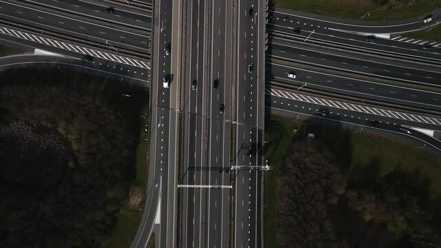 Knooppunt Hoevelaken in the shape of a clover aerial drone view. Intersection of the A28 and A1 highway The Netherlands.