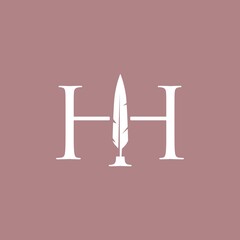 hh letter mark feather pen signature quill double h logo vector icon illustration
