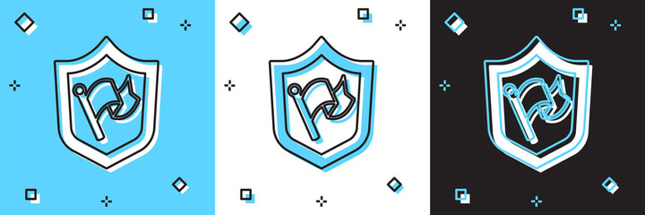 Set Shield with flag icon isolated on blue and white, black background. Victory, winning and conquer adversity concept. Vector