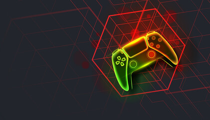 Neon game controller or joystick for game console on dark background. © Windawake