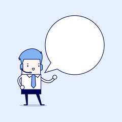 Businessman wearing headset with balloon text. Cartoon character thin line style vector.