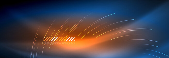 Neon glowing lines, magic energy and light motion background. Vector wallpaper template