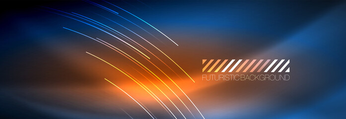 Obraz premium Neon glowing lines, magic energy and light motion background. Vector wallpaper template