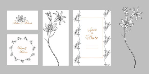 set of postcards with graphic flowers Spring flowers.