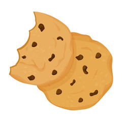 Traditional chocolate chip cookie round isolated on white background in flat style. Element for web designs. Sweet food, dessert.