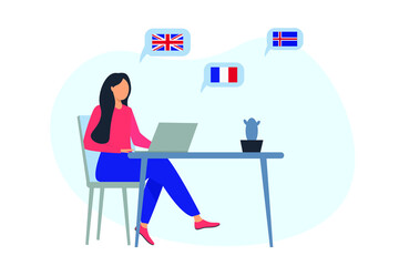 Training and webinars or foreign language lessons online flat vector illustration isolated on white background. Foreign language classes online