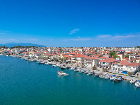 Aerial view over the seaside Preveza city port in Epirus, Greece