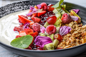 A healthy bowl of yoghurt, berries and muesli for a colourful fresh breakfast