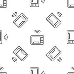Grey line Smart microwave oven system icon isolated seamless pattern on white background. Home appliances icon. Internet of things concept with wireless connection. Vector