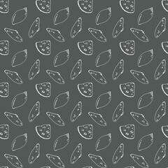 Seashell contour doodle seamless square pattern isolate on gray background. Digital art. Print for menu, cafe, packaging, tesktil, postcard, banner, poster, brand