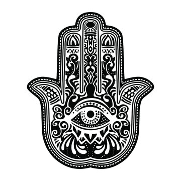 Illustration of a hamsa hand symbol. Hand of Fatima religious. Decorative pattern.