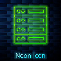 Glowing neon line Server, Data, Web Hosting icon isolated on brick wall background. Vector