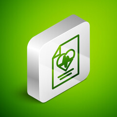 Isometric line Health insurance icon isolated on green background. Patient protection. Security, safety, protection, protect concept. Silver square button. Vector.