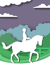 Dressage horse and rider silhouettes, vector illustration in paper art style. Equestrian sport, horseback riding.