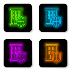 Glowing neon line House with shield icon isolated on white background. Insurance concept. Security, safety, protection, protect concept. Black square button. Vector.