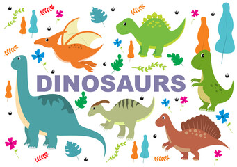 Fototapeta na wymiar Cute Dinosaurs Cartoon Characters Illustration as Spinosaurus, Parasaurolophus, Stegosaurus, Tyrannosaurus, Pterodactyl, and Diplodocus. Wallpaper Background Template