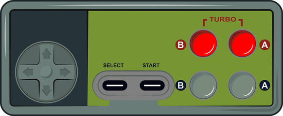 Retro gamepad, joypad, vintage controller, input device for old video game console, vector illustration. Flat colorful image.