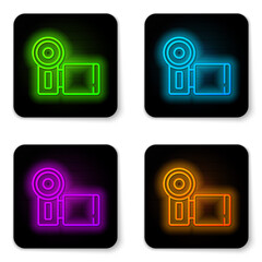 Glowing neon line Cinema camera icon isolated on white background. Video camera. Movie sign. Film projector. Black square button. Vector
