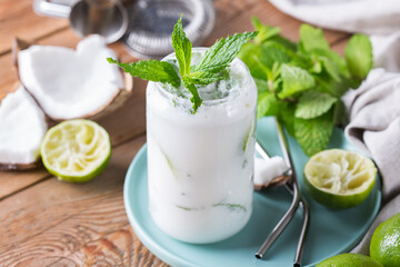 Tropical Caribbean cocktail mojito with coconut cream and hard seltzer