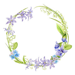 Fototapeta na wymiar Spring delicate beautiful wreath. Watercolour illustration. Spring flowers are woven into a wreath.