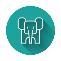 White line Elephant icon isolated with long shadow. Green circle button. Vector