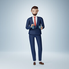 Businessman cartoon character using table pc