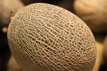 Fishnet melon whole, ripe, at the grocery market