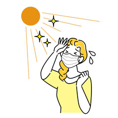 夏にマスクを着用していて肌が荒れてしまいヒリヒリしている女性 マスクで暑苦しく汗をかいている イラスト シンプル ベクター