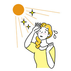 夏の太陽で日焼けして肌がヒリヒリしている女性 暑苦しくて汗をかいている イラスト シンプル ベクター