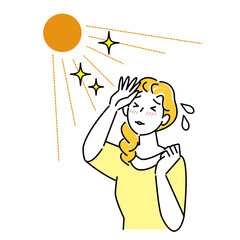 夏の太陽で日焼けして肌がヒリヒリしている女性 暑苦しくて汗をかいている イラスト シンプル ベクター