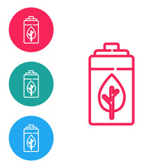 Red line Eco nature leaf and battery icon isolated on white background. Energy based on ecology saving concept. Set icons in circle buttons. Vector