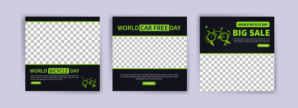 World Bicycle Day. Social media post for world bicycle day. Environmental conservation campaign. Discount sales banner.