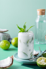 Tropical Caribbean cocktail mojito with coconut cream and hard seltzer
