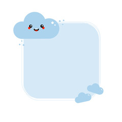 Cute and smiling cartoon style blue cloud character blank empty card, backround for nature, landscape design.
