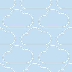 Blue outlined clouds, day time sky vector cartoon style vector seamless pattern background.