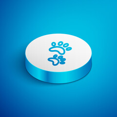 Isometric line Paw print icon isolated on blue background. Dog or cat paw print. Animal track. White circle button. Vector