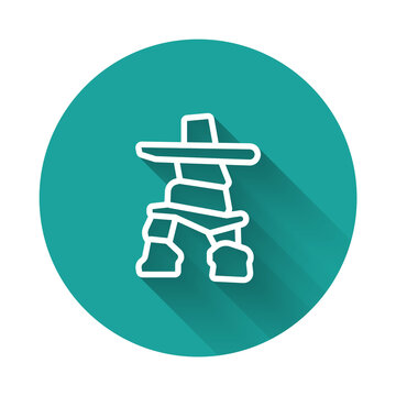 recommend clip art: White line Inukshuk icon isolated with long shadow. Green circle button. Vector
