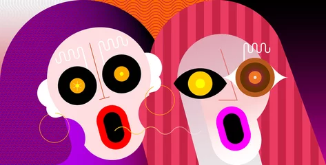 Zelfklevend Fotobehang Close-up portret van paar geschokt en verbaasde vrouwen. Twee verrast vrouwelijke gezichten vectorillustratie. ©  danjazzia
