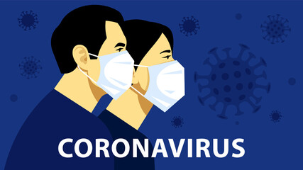 People in white medical face mask. Man and woman and viruses in the air. Coronavirus concept. Modern vector illustration on a social topic. Blue background.