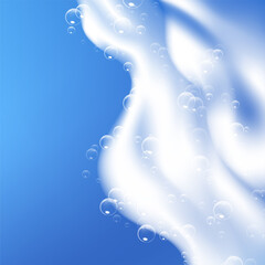 Beautiful blue background with realistic Soap foam with bubbles. Shampoo bubbles texture. Shiny washing hygiene detergent. Empty place for your text. Vector illustration