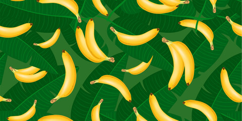 Trendy seamless pattern with realistic banana bunch and tropical leaves. Vector realistic illustration