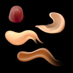 Set of realistic cosmetic cream smears. Skin toner of different body colors. Lotion smooth smear isolated vector texture on black background.