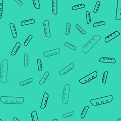 Black line French baguette bread icon isolated seamless pattern on green background. Vector