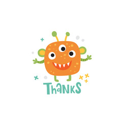 cute orange monster and thanks lettering text