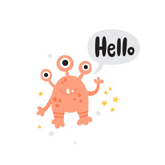 cute vector pink monster and hello lettering text