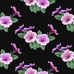 Seamless pattern, Pink and lilac petunia flowers on a black background close-up