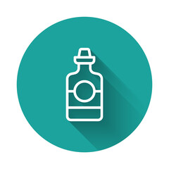 White line Tequila bottle icon isolated with long shadow background. Mexican alcohol drink. Green circle button. Vector