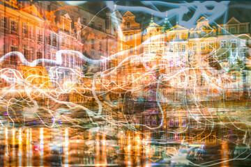 Vivid, tangled streaks of light. Poznan, old town - Market Square city night blurred lights,...