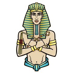 Animation portrait Egyptian man  in the royal scarf with crossed hands holds symbols of power. Vector illustration isolated on a white background. Print, poster, t-shirt, tattoo.